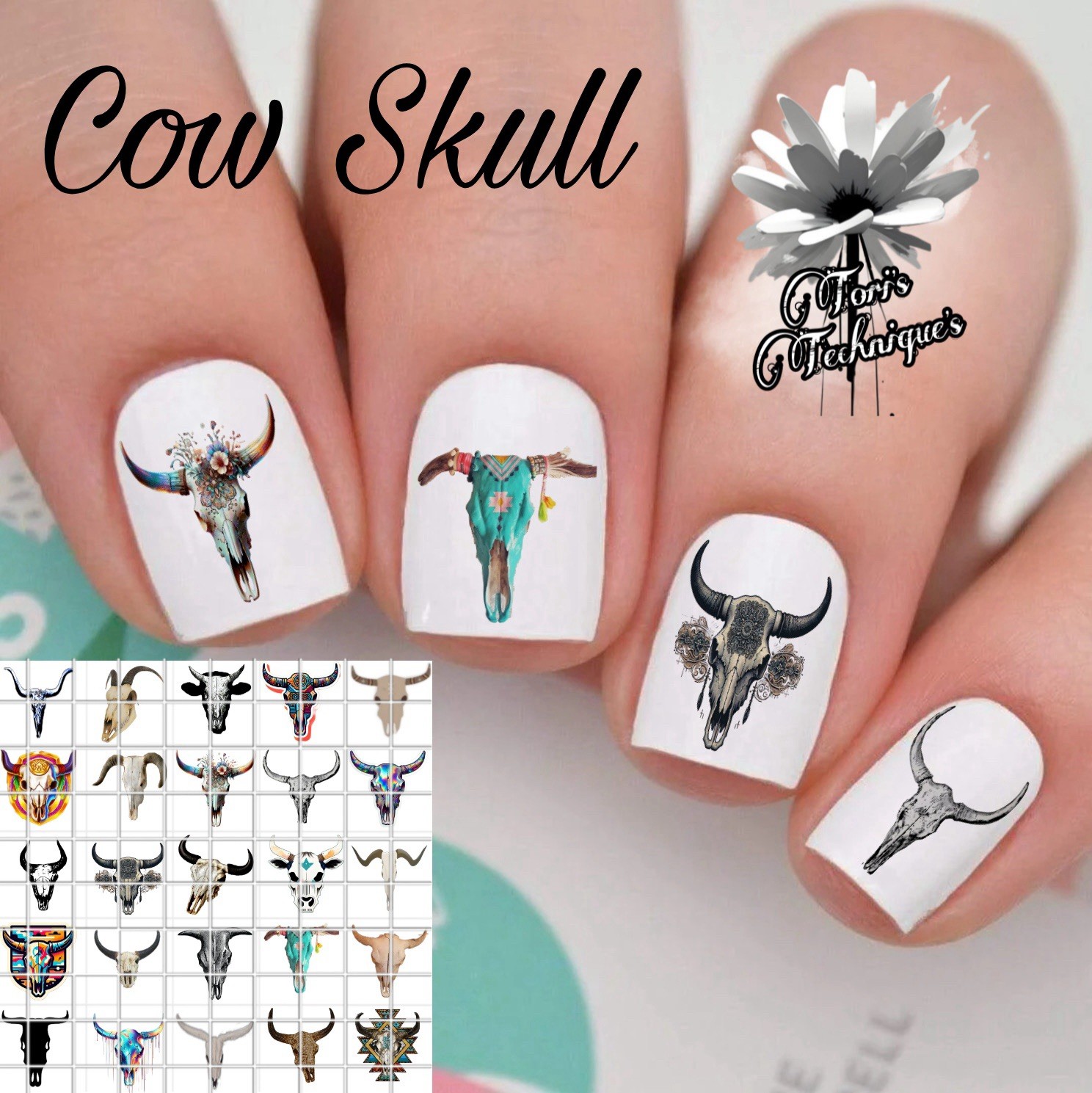 Cow Skull Bull Waterslide Finger Nail Decals Instructions set of 50 TT Bonus