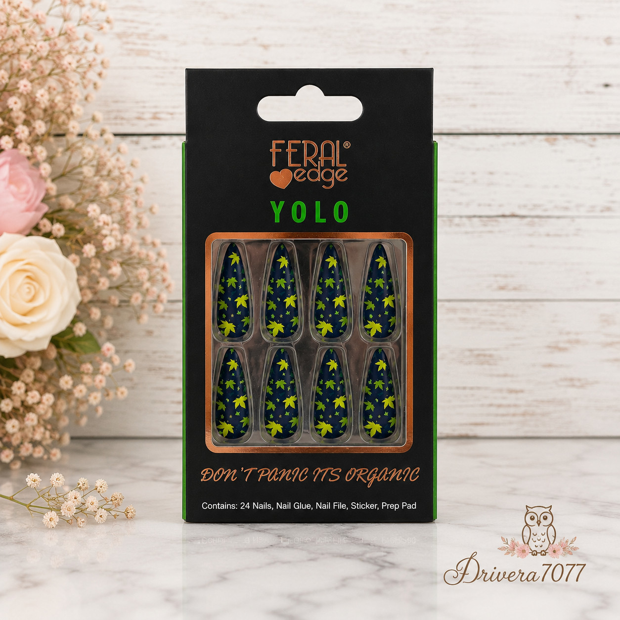 Feral Edge YOLO Long Press On Nails Green Leaf Design 24 Pc Glue Included