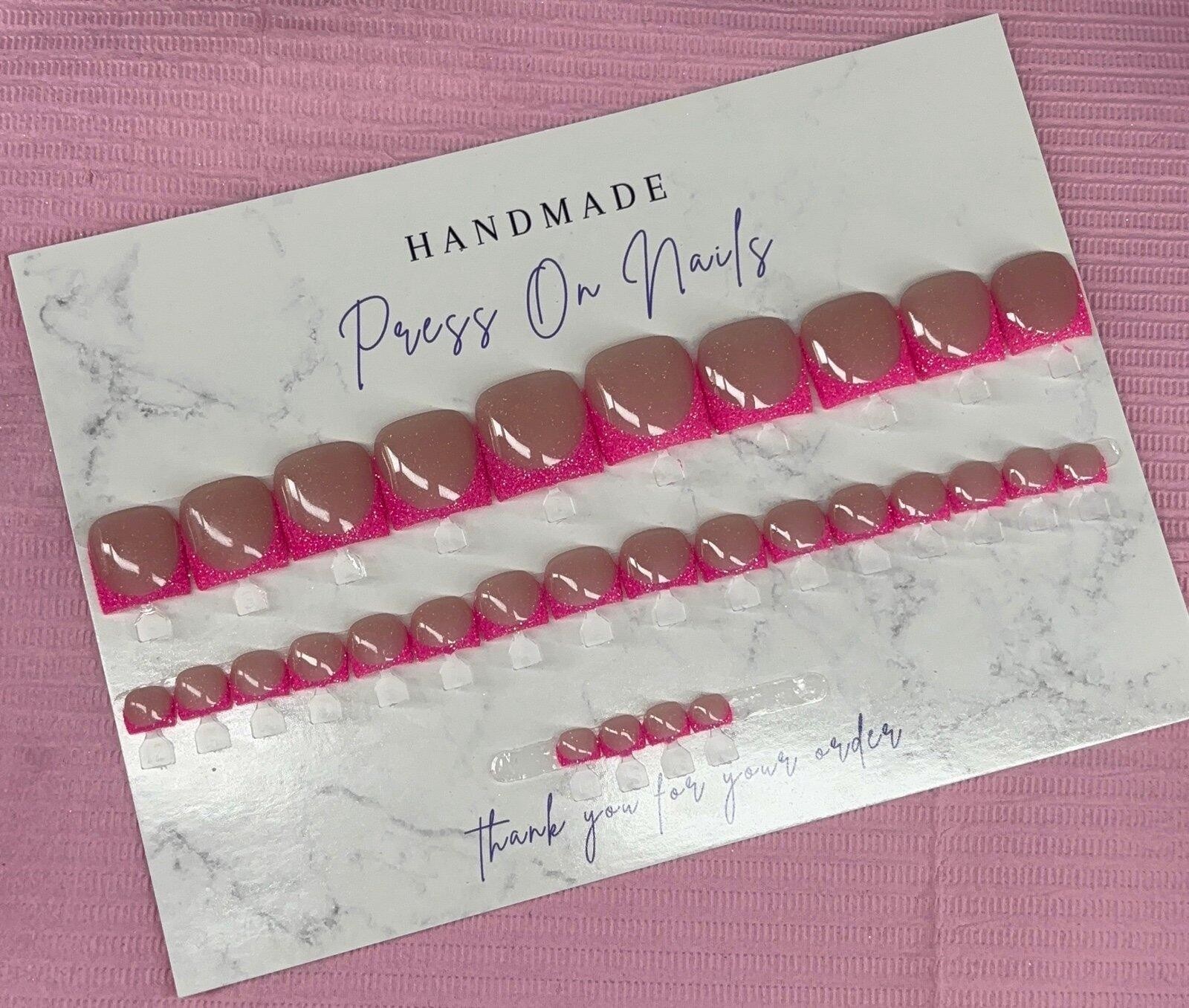Press on toenails pink glitter French tips handmade custom builder gel nude