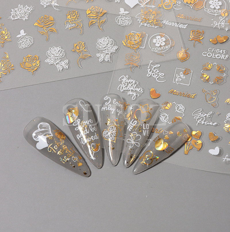 3D Nail Art Sticker Gold White Heart Rose Flower Kiss Lace Valentine Bridal NH11