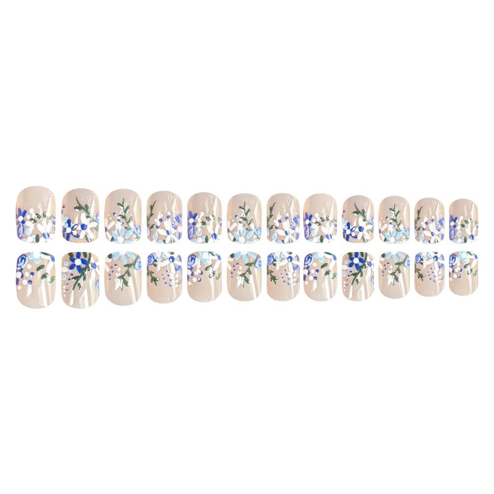 Flower Press on Nails Short Square Fake Nails with Blue Floral Design Glossy …