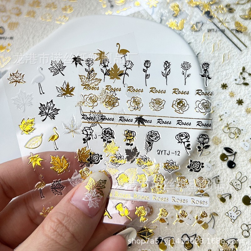 20 Sheets Gold Black Metallic Flower Leaf Butterfly Rose Maple Nail Art Stickers