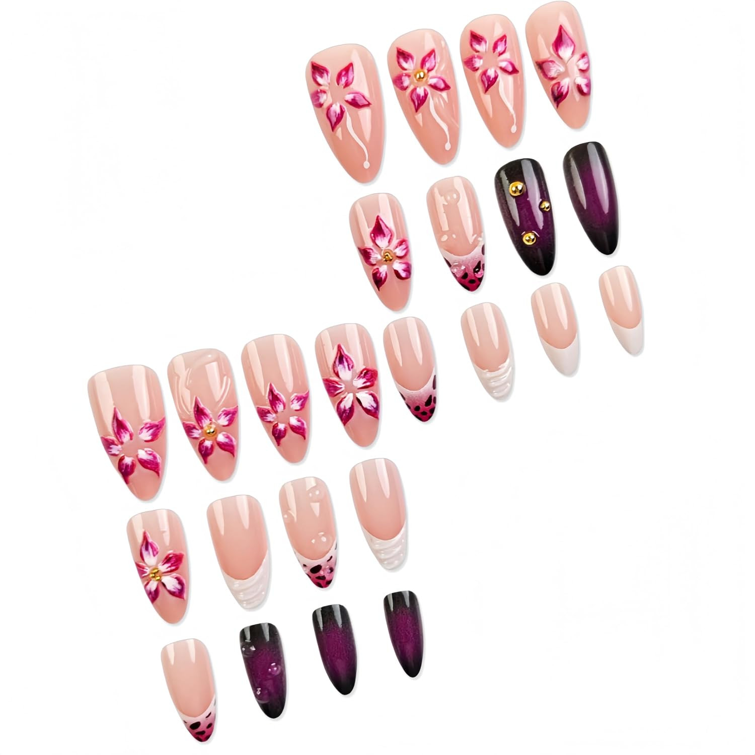 24Pcs Purple Pink Press on Nails Almond Medium 3D Embossed Flower Fake Nails wit
