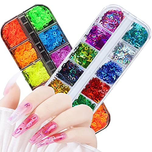 Glitter Nail Art Sequins, Holographic Laser 3D Sparkly Nail Flakes Letters
