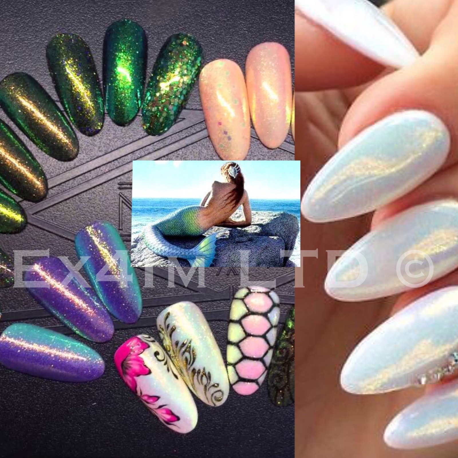 Mermaid Effect Nail Powder 5g + Brush Iridescent Dust Trend Glitter Mirror UK
