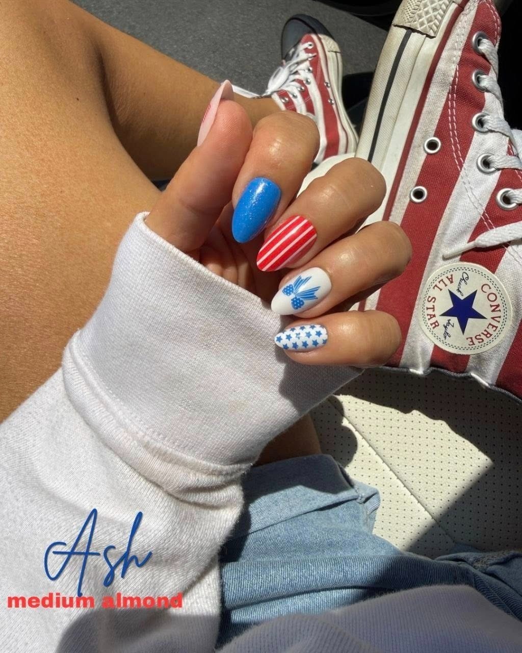 Red Aspen All American Girl Ash Patriotic 4th of July Press On Nails Almond MED
