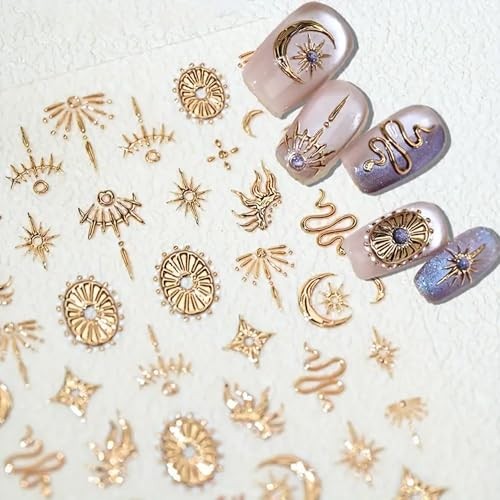 Bohemian Nail Stickers | Moon Star Snake Sticker for Nail Art | Gold Silver 5D