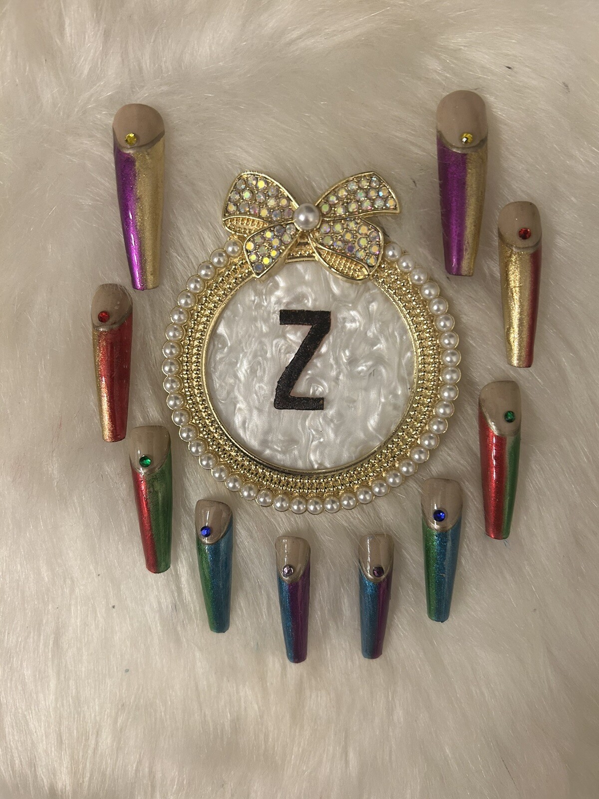 Z NAILZ! Gorgeous Set Of 2XL Metallic Rainbow Color Press On Nails With Stone