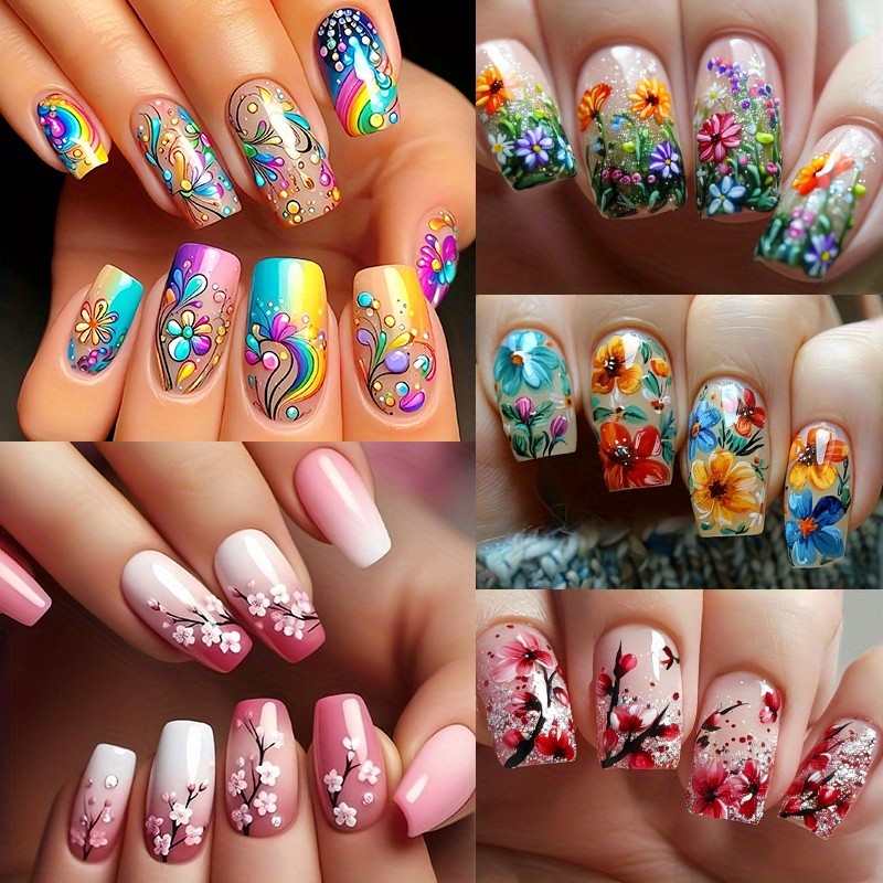 120pcs (5 Pack) Fashion Rainbow Decor Press On Nails Colorful Nail Art Festival