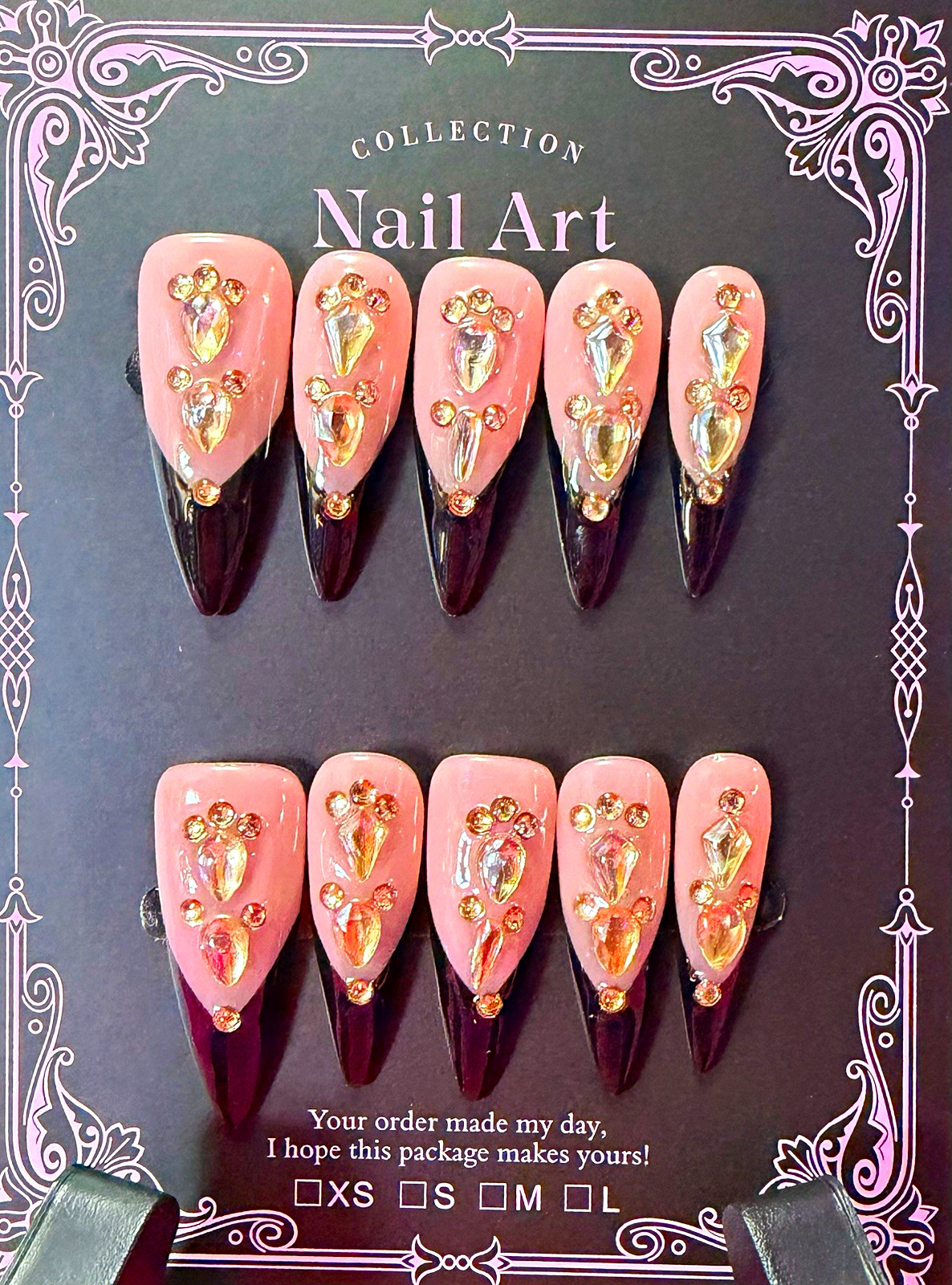 Pink/Black/Gold Rhinestone Shiny Stiletto Press-On Nails Set, Pre-Designed