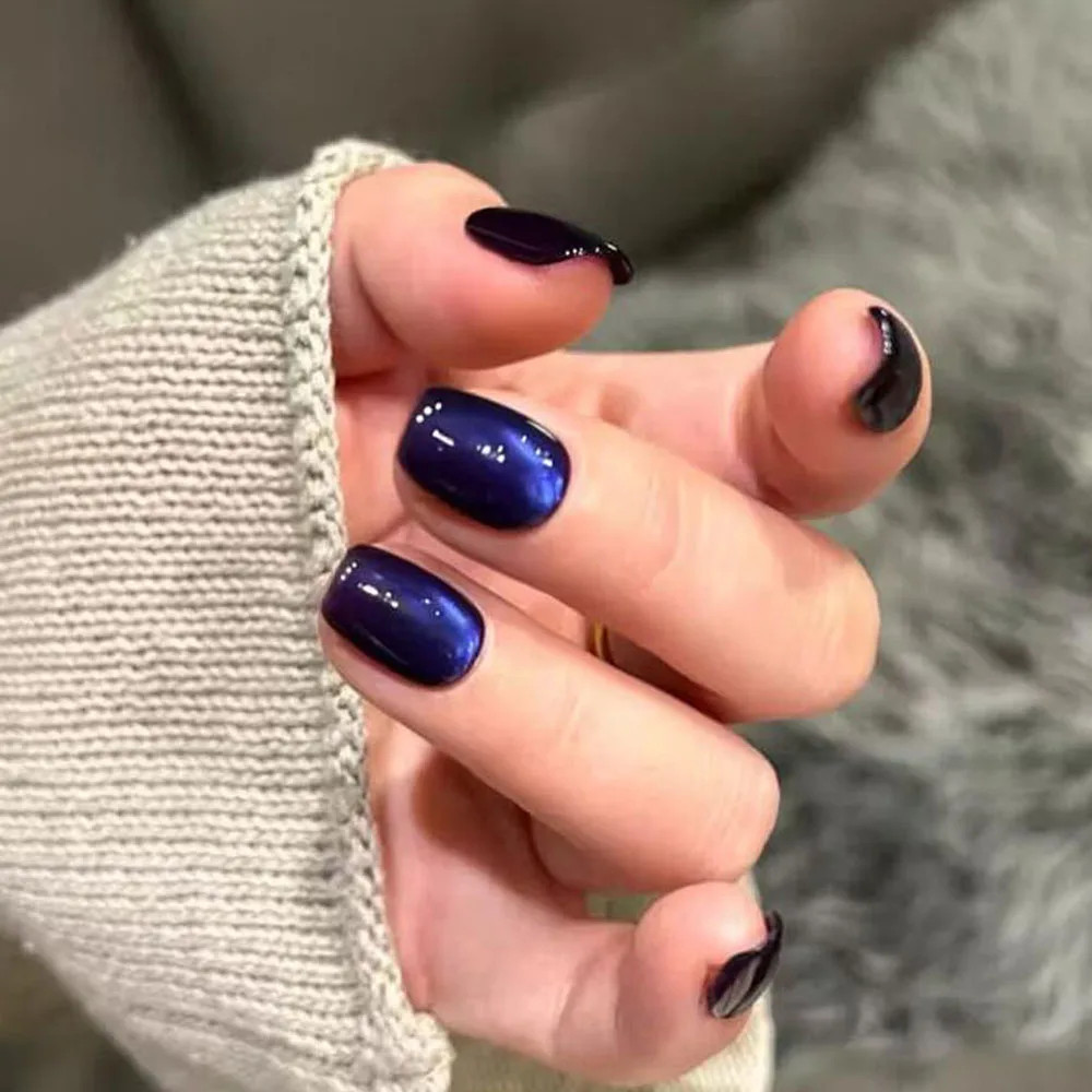 30Pcs Blue Cat eye Wearable Press on Nails Short Square Full Cover False Nails
