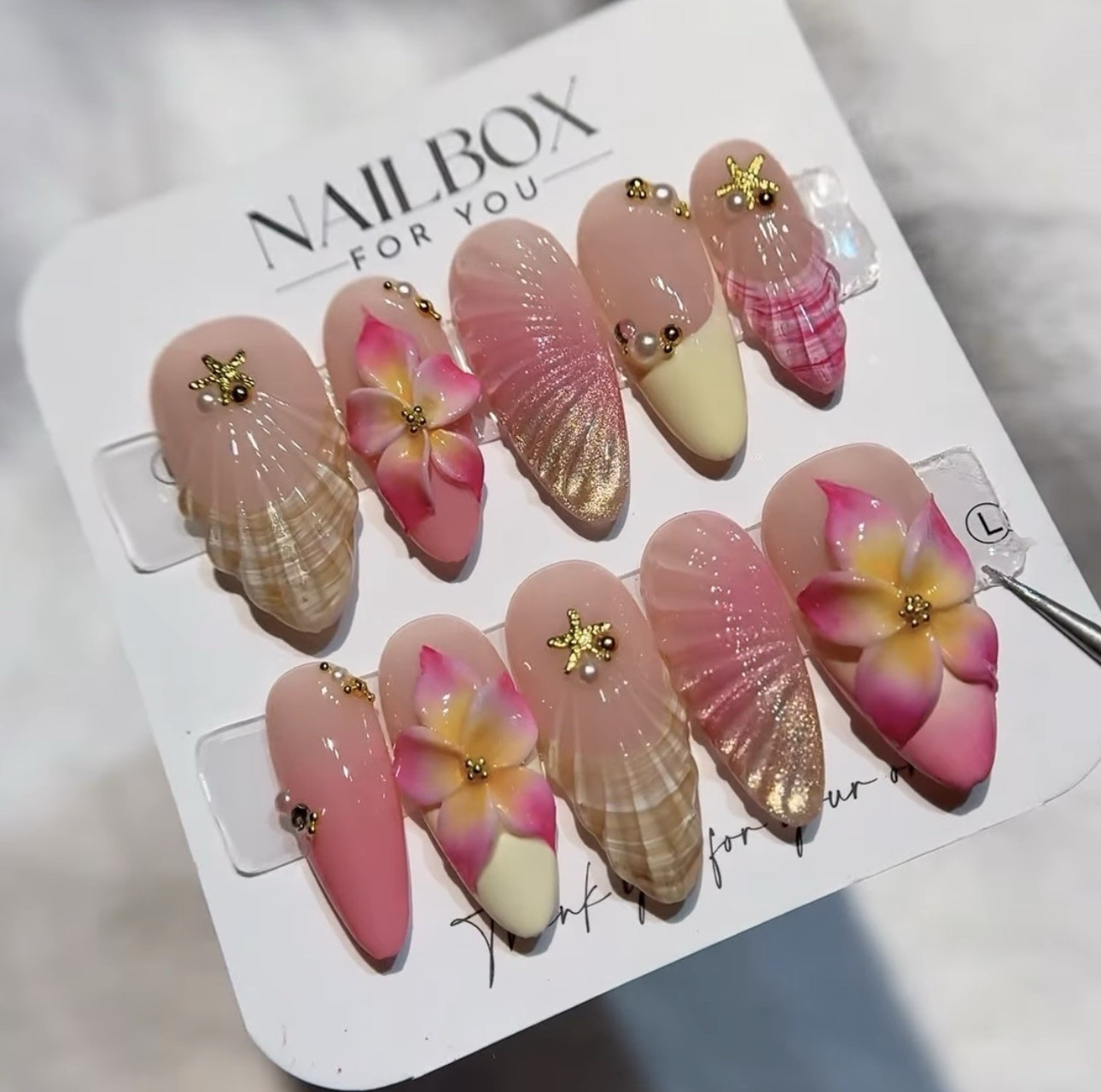 NAILBOX Press-On Nails Pink/Beige/Gold 3D Flowers Almond Long Full Cover