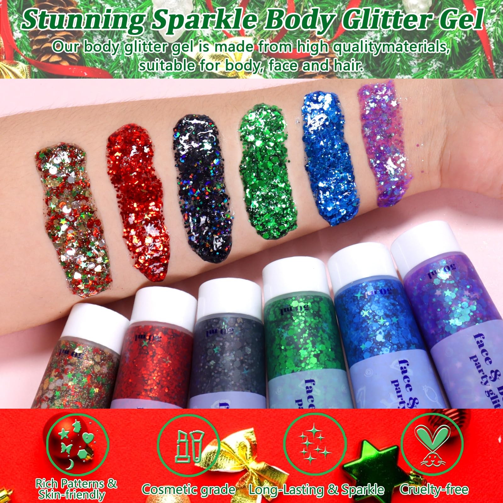 50ML Body Glitter Gel, Red Green Mardi Gras Chunky Glitter Gel for Face Hair …