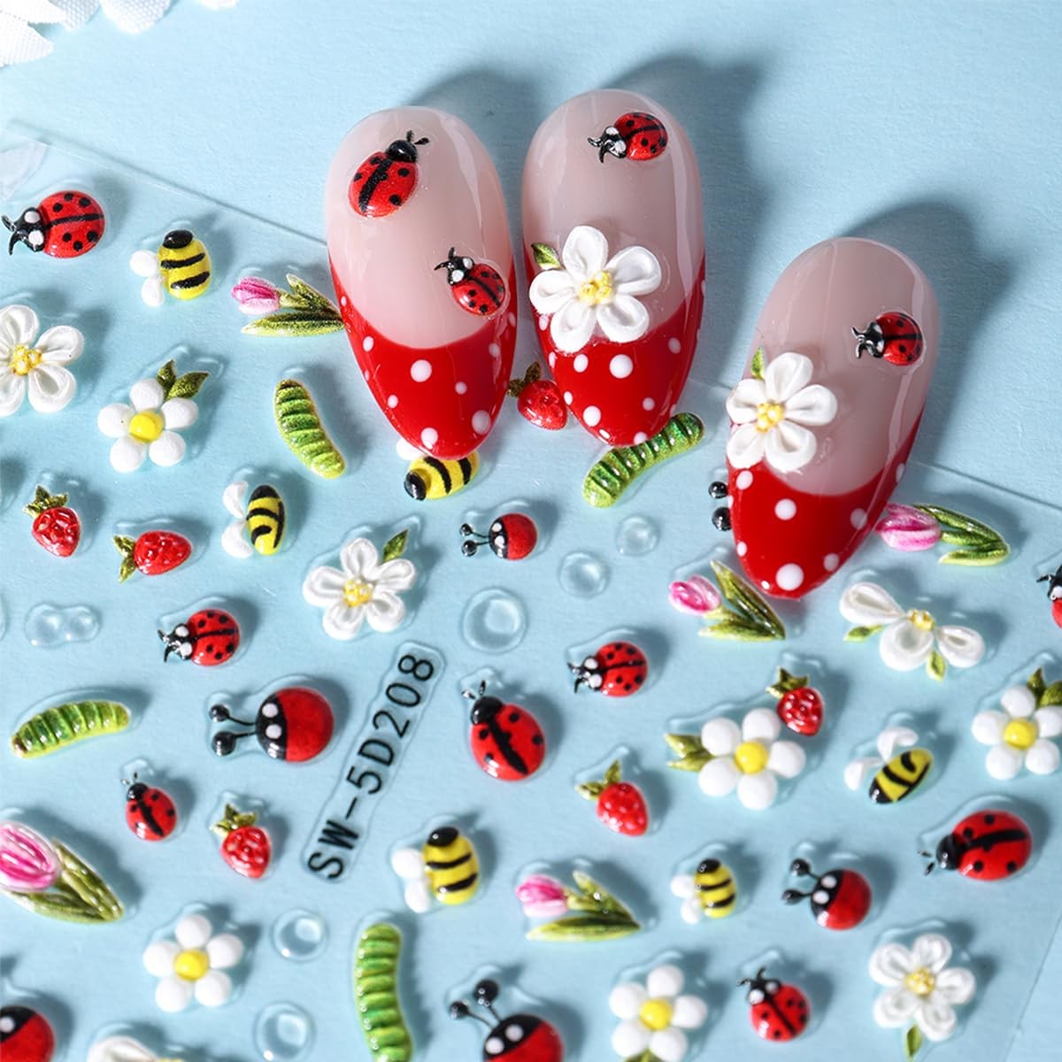 2 Sheets Ladybug Nail Stickers Spring Summer Flower Nail Art Stickers Self-Ad…