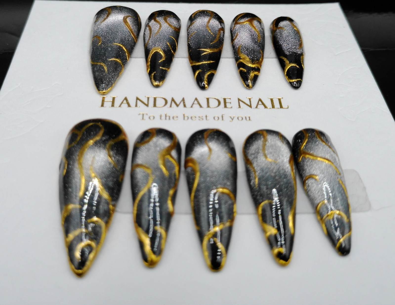 Long Stiletto Cat Eye and Chrome Press-on Nails, Medium Size