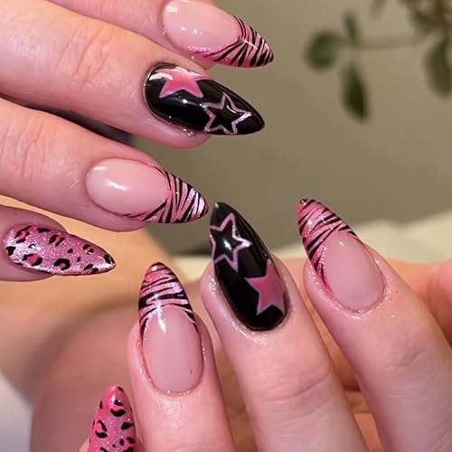 Jellyqueen Press on Nails Short Square Acrylic Purple Rose red Leopard pattern