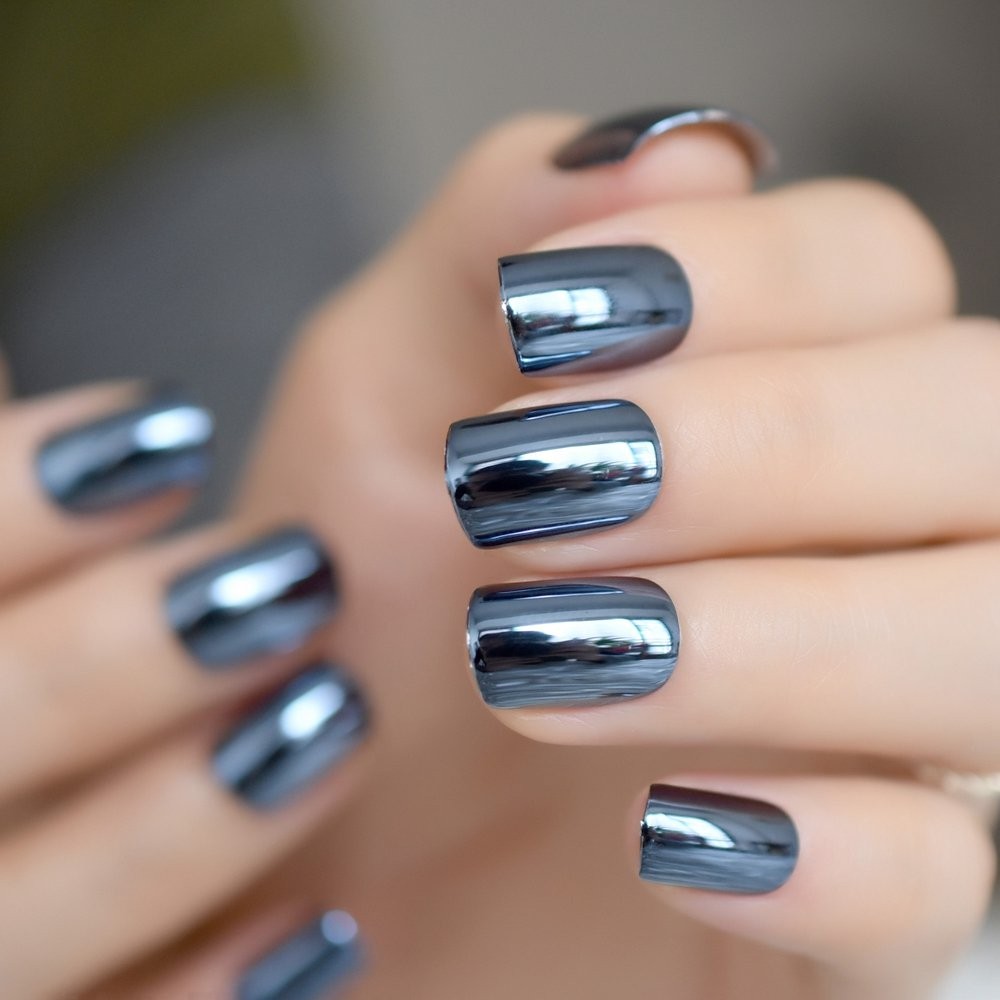 LINSSQ Press on Nails,Ashy Blue False Nails,Beauty Metallic Mirror Ashy