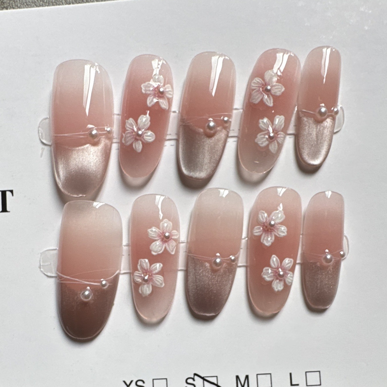 Press-On Nails Short Square Pink/Rose Gold Flowers Theme 3D Shiny Full Cover