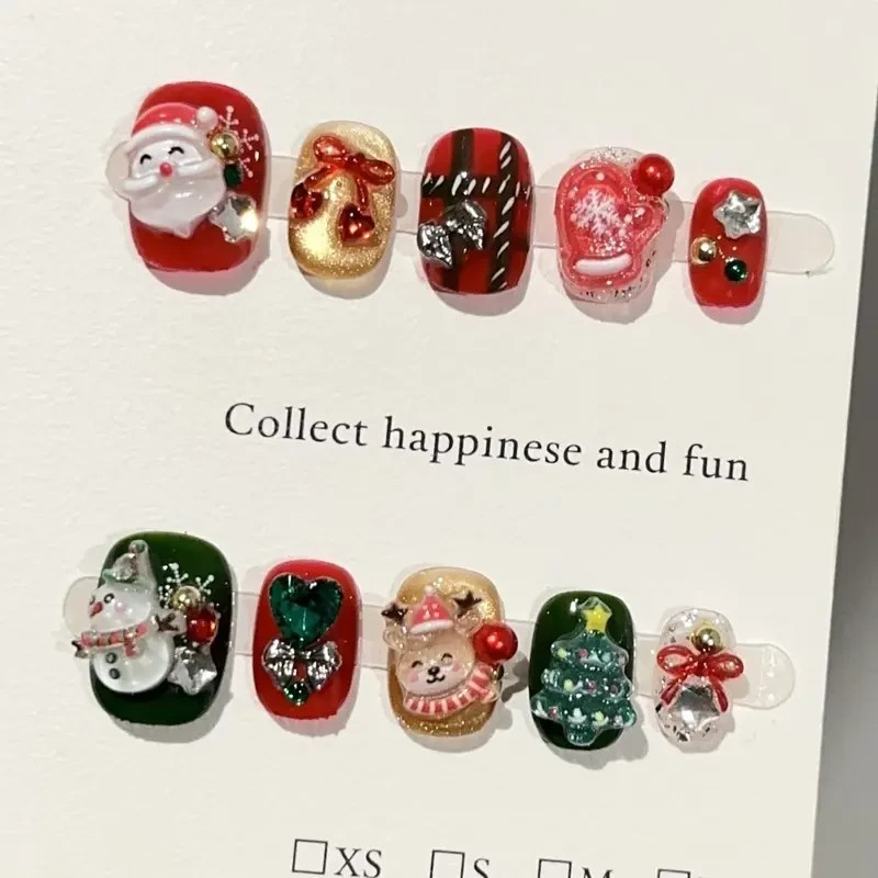 Christmas Style Elegant Press on Nails Red Green Shiny Diamond Bell Snowflake De