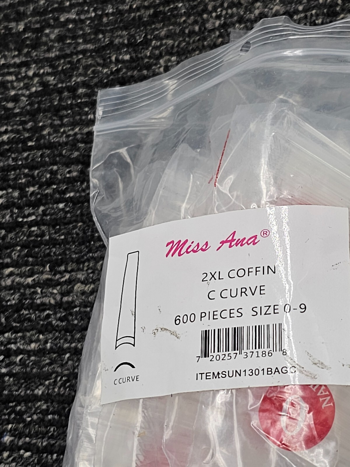 (QTY 4) Miss Ana SUN1301BAGC 600 piece 2XL Coffin C Curve Size 0-9 Nail Tips