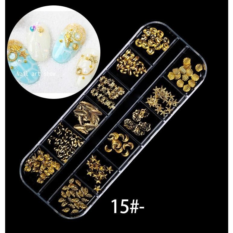 12-Grid Box Mixed Nail Charms, Iridescent Pearls Metal Chains for Acrylic Nails