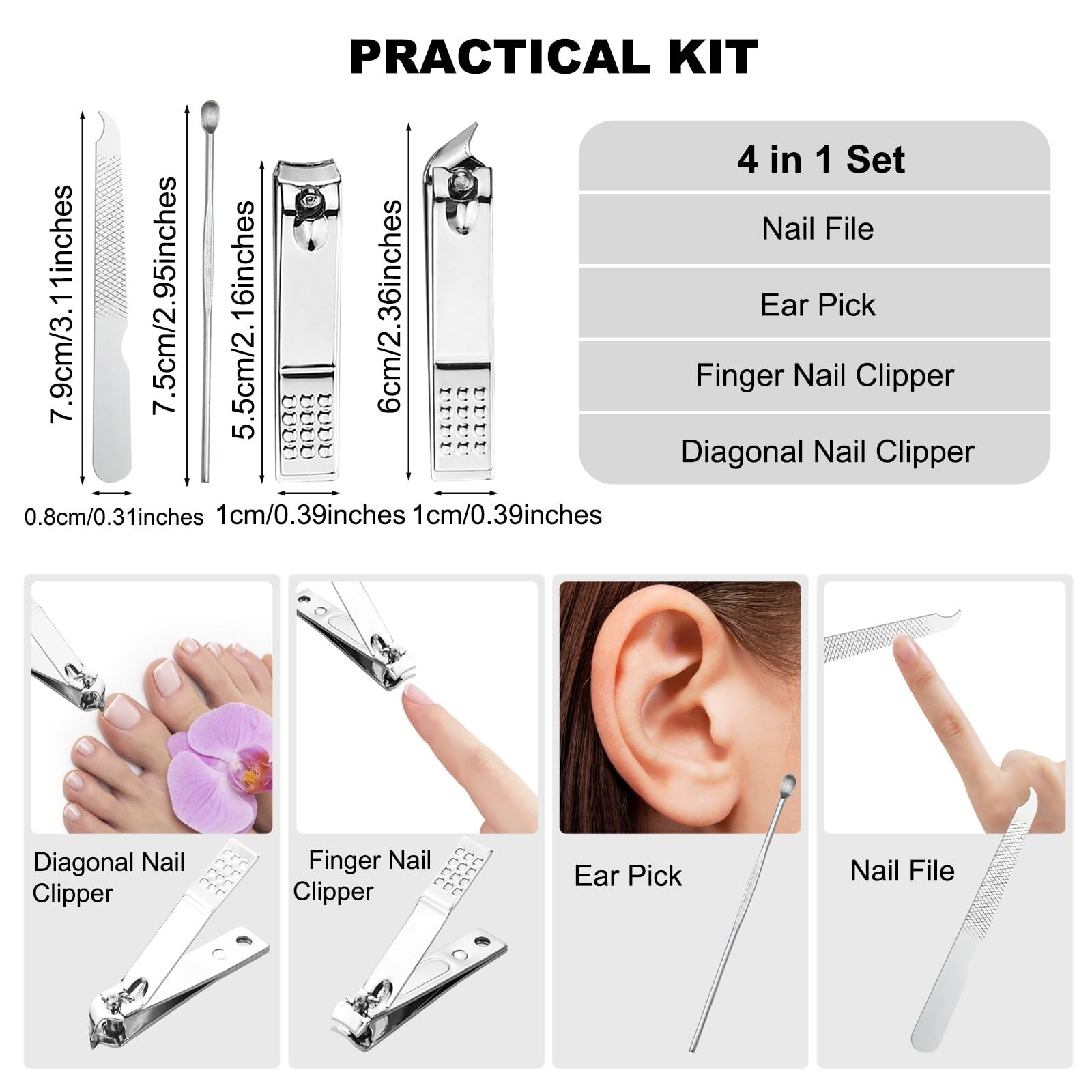 100 Sets Finger Nail Clipper Set Bulk,4 in 1 Black Adult Stainless Steel Trav…