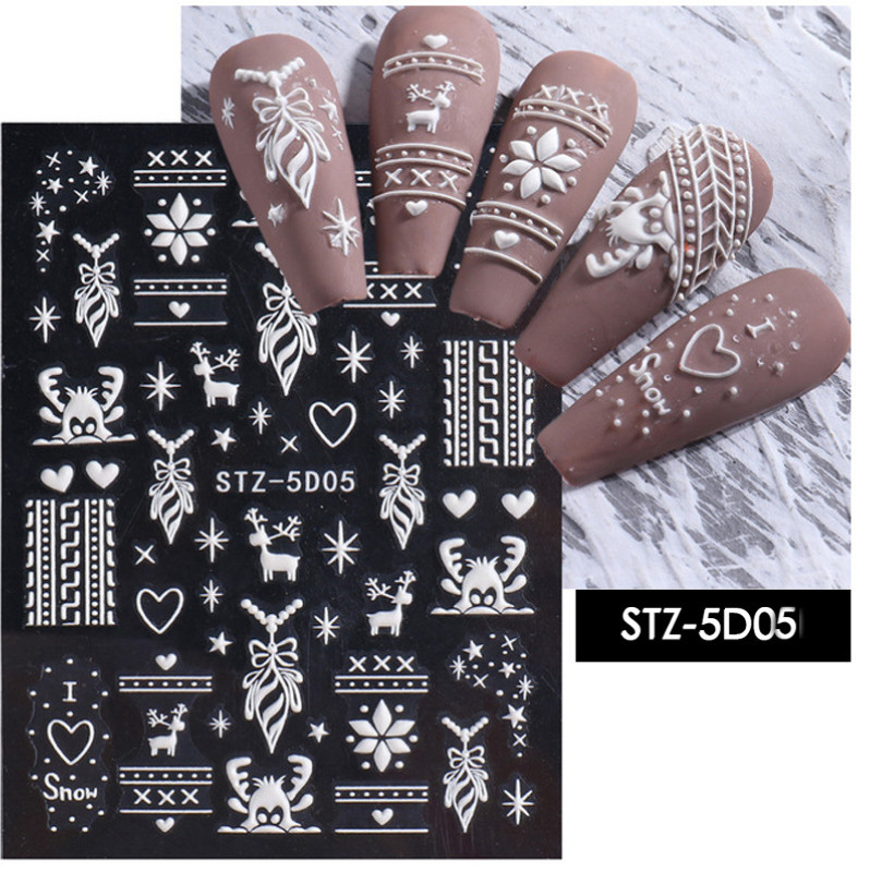 5D Embossed White Snowflake Heart Nail Sticker Reindeer DIY Manicure Art Decals
