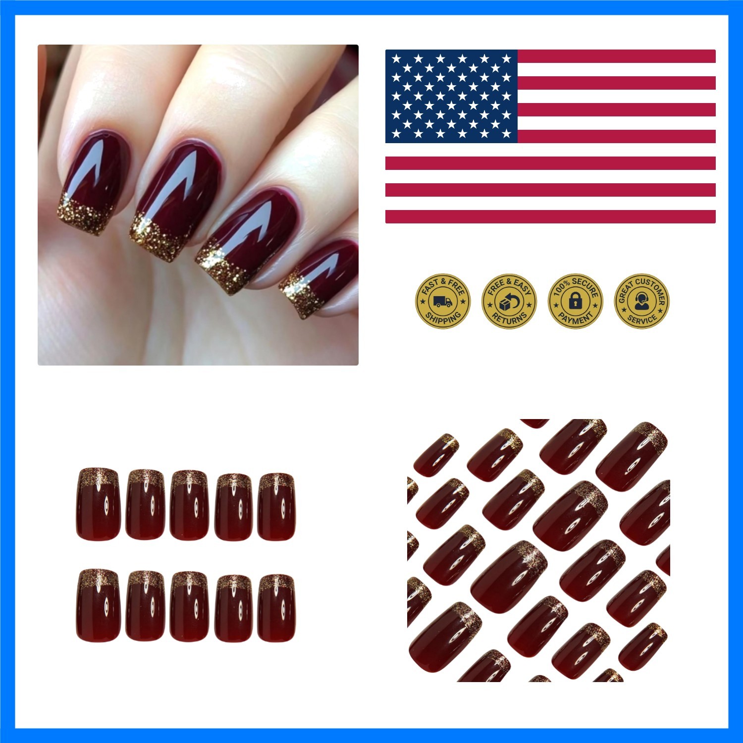 Square Press on Nails Medium Fake Nails with Designs Gold Sequins Stick on Na…