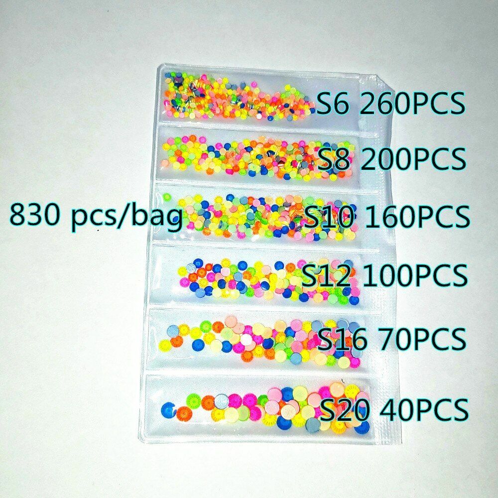 830pcs Luminous Neon Flatback Crystals SS6-SS20 Glue On Fluorescent Rhinestones