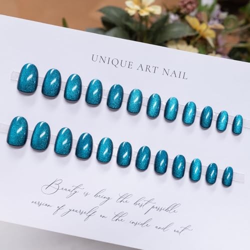 Blue Glitter Press on Nails Oval Fake Nails Cat Eye False Nails Short Style 18