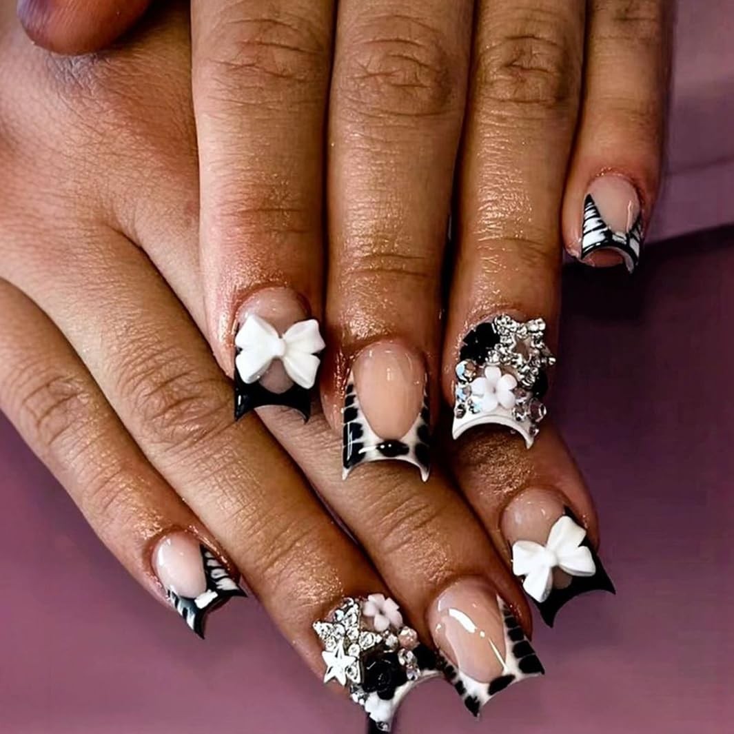 24pcs Black French Tip Press on Nails Short Square Bow Fake Nails with 3D Bla…