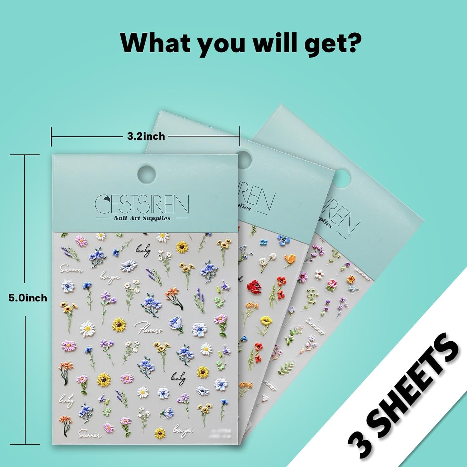 Flower Nail Art Stickers 3D Embossed Decals for Colourful