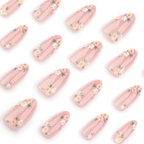Flower Press on Nails Medium Almond Fake Nails 1 Fl Oz (Pack of 1) Almond-06