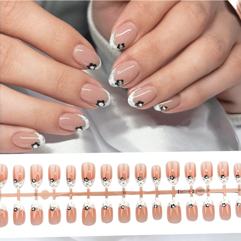 60pcs-Nude Press on Nails Short Round French Tip Black Flower Pearl Rhinestones