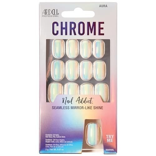 Ardell White Chrome Aura Press-On Nail Addict Mirror-Like Shine Short Squoval 1a