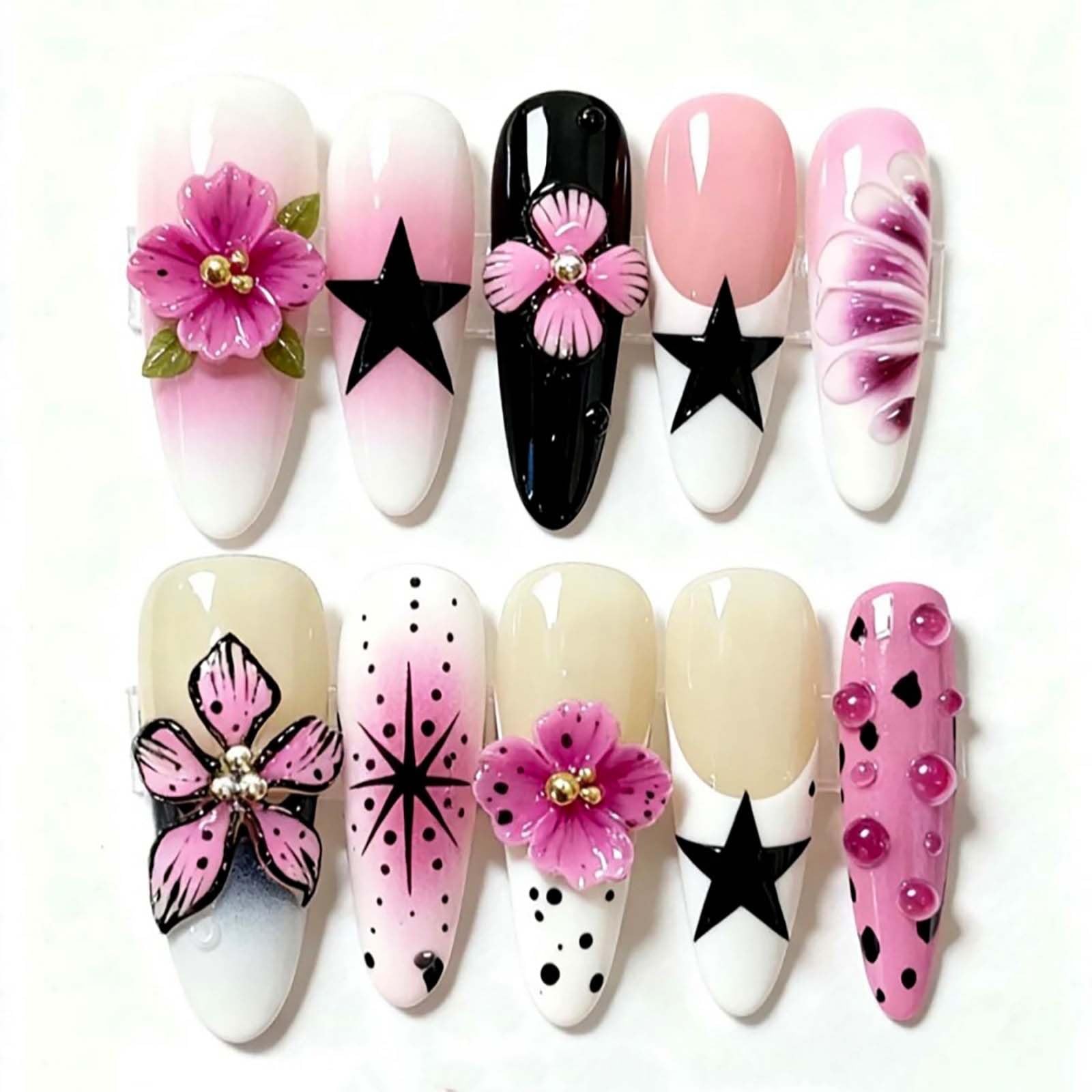 24Pcs French Tip Press on Nails Long Almond Flower Fake Nails with Rhinestone…