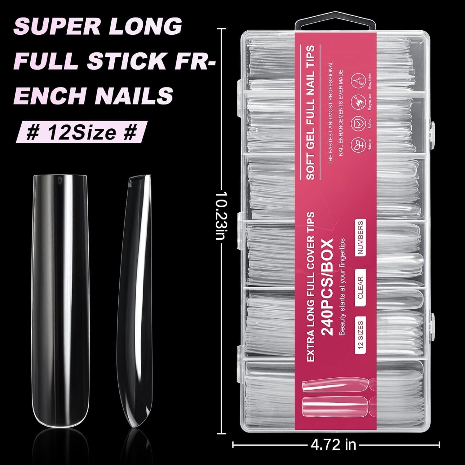 Extra Long Square Full Cover Nail Tips 240PCS XXXL Clear Fake Nails 12 Sizes New