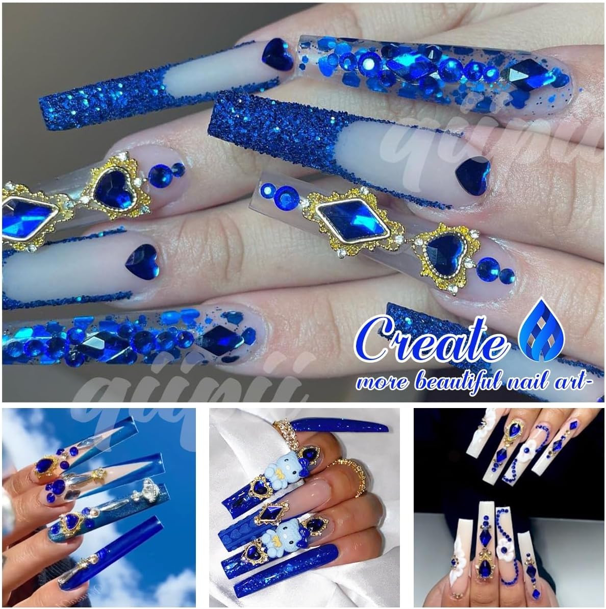 24Pcs Blue Nail Rhinestones Luxury Nail Charms Sapphire Heart Charms for Nails 3