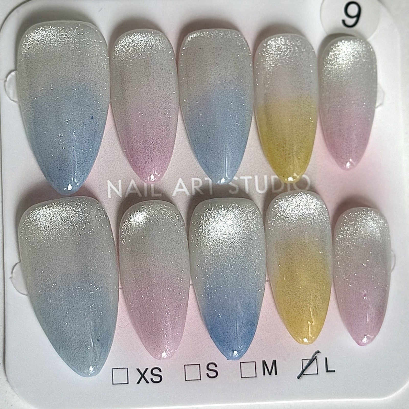 Handmade Rainbow Cat Eyes Press-On Nails Medium Almond Size L Reusable Fake Nail