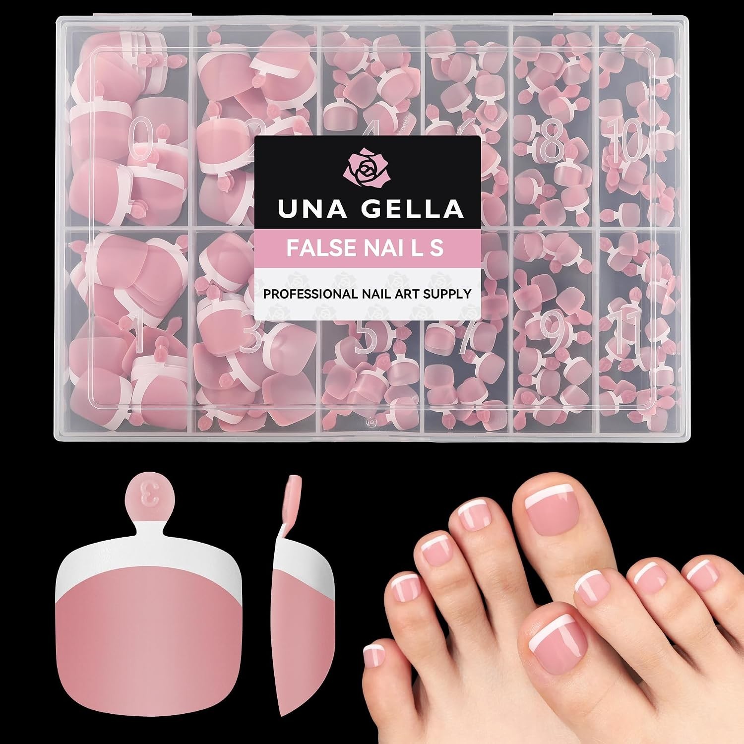 UNA GELLA Toe Nail Press Ons 216pcs Peach Pink French Tip Soft Gel 12 Sizes DIY