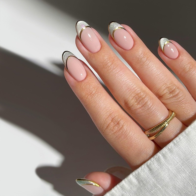 48pcs-Elegant Nude Nails, Almond with Silver Glitter French Tips and Gold Line