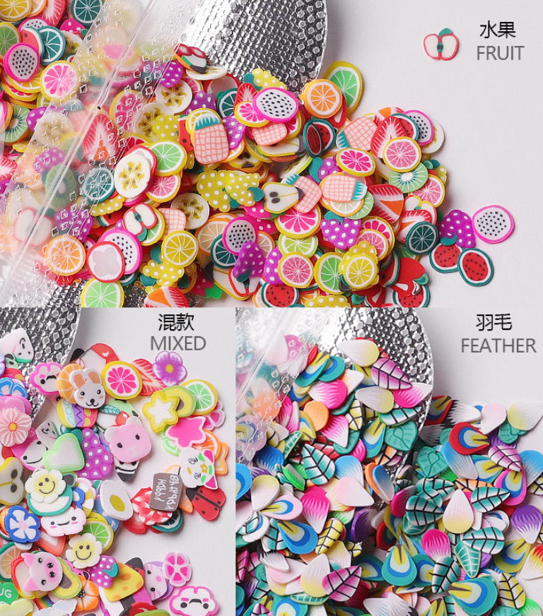 1000Pcs 3D Polymer Clay Nail Art Fruit Flower Feather Fimo Slices Decor Crafts