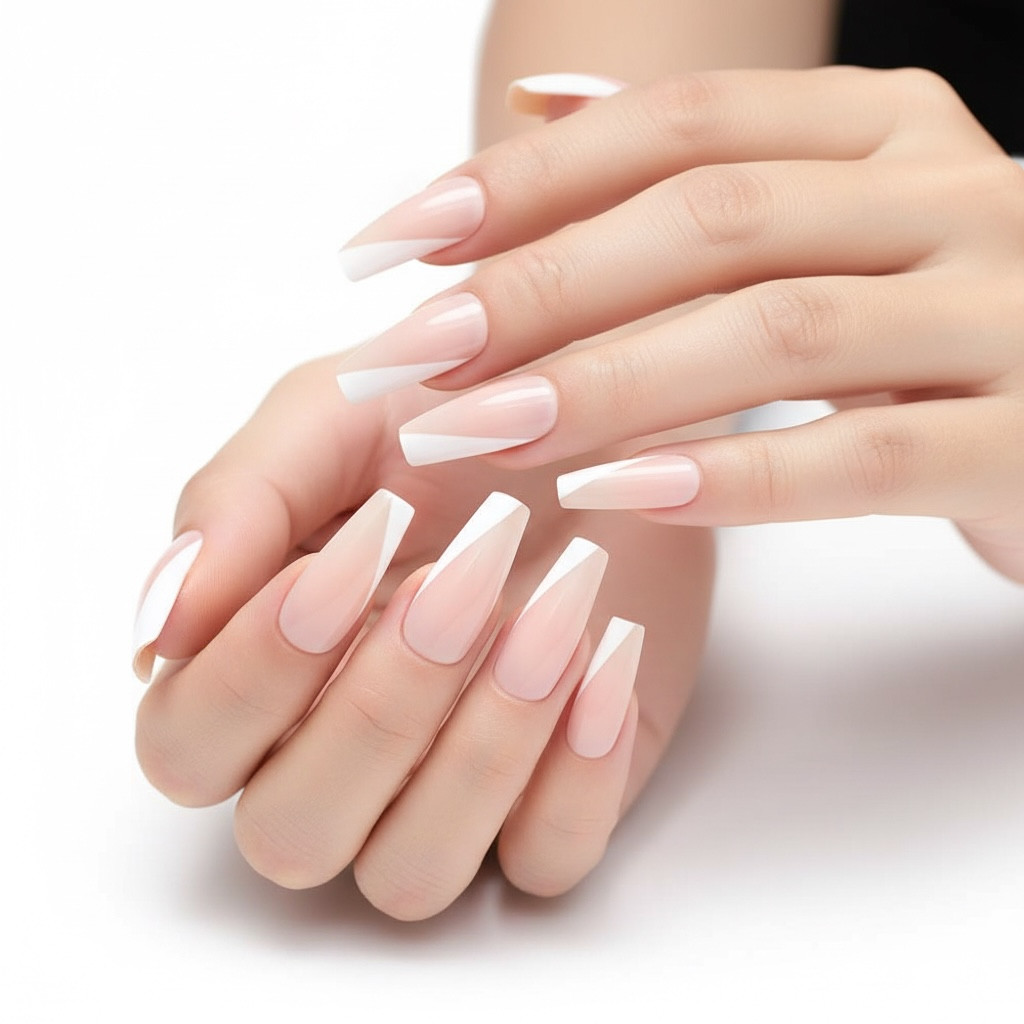 Natural Nude White French Press On Nails Extra Long Coffin Ballerina Fake Nails