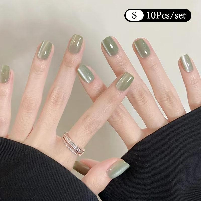 10Pcs Trendy Simple Solid Color Cat Eye Nail Art Long Lasting Fake Nails