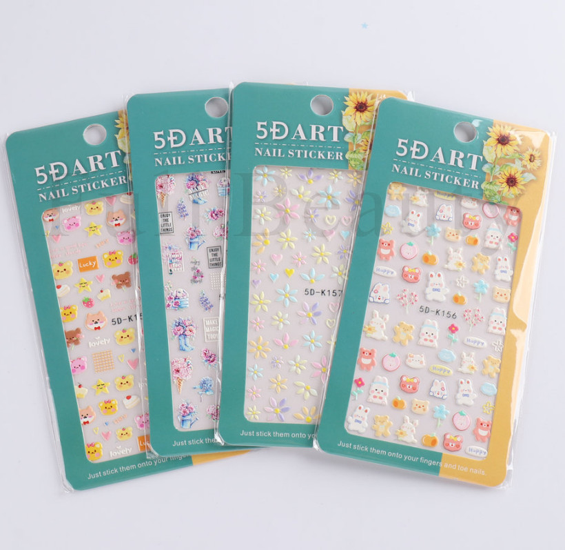 5D Embossed Star Heart Flower Bunny Cat Daisy Fingers Toe Nail Art Stickers NS25
