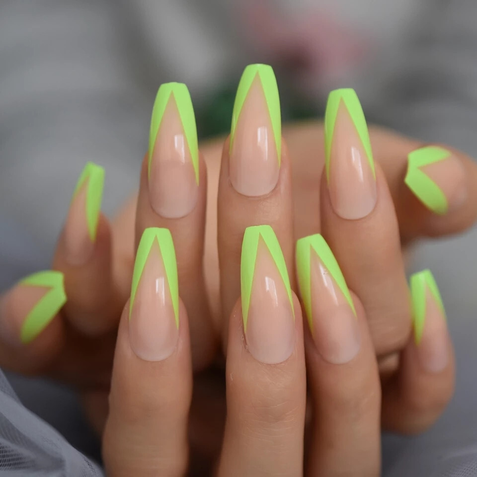 24 Press on Nails kit w Glue V Shape French Neon Green nude extra long coffin