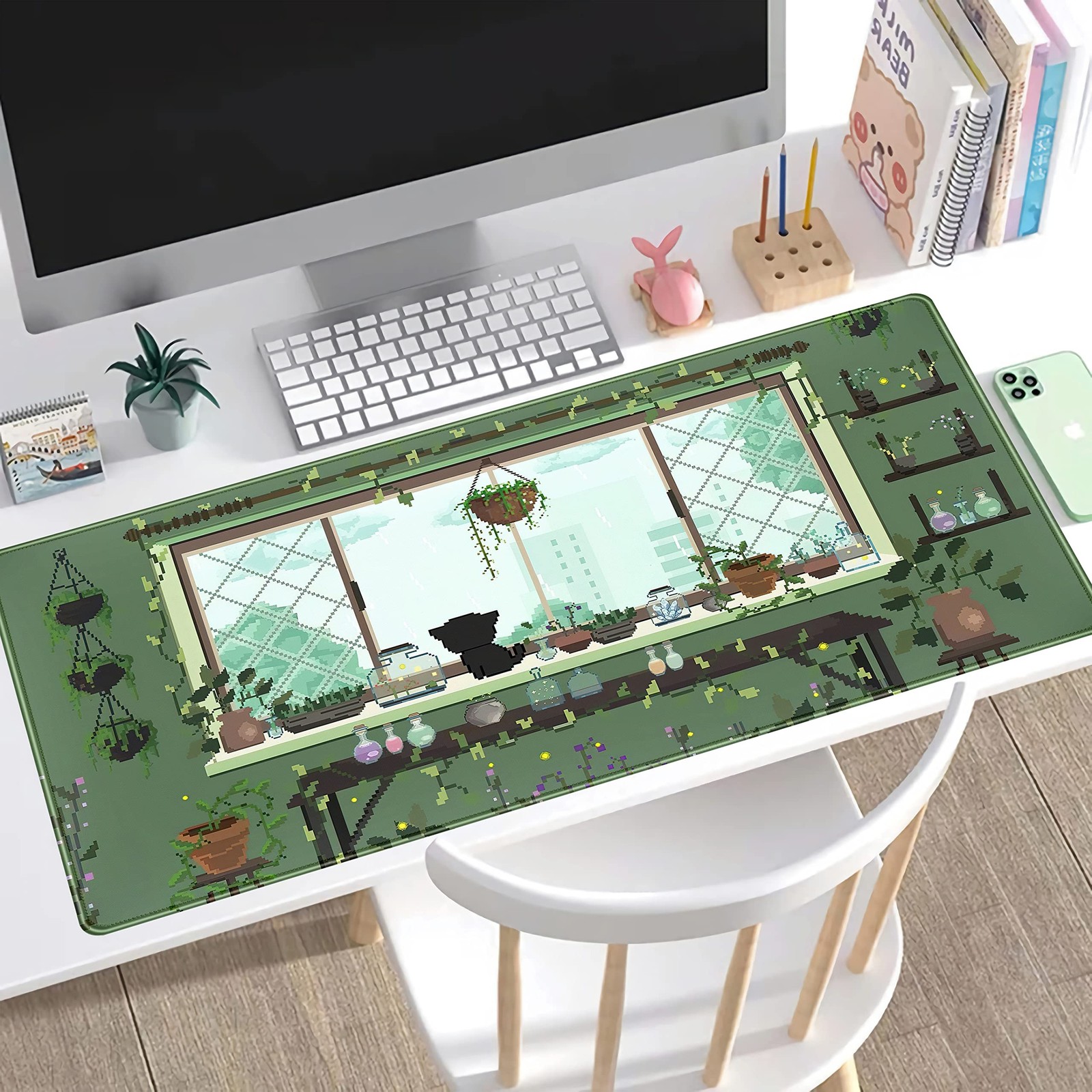Cute Kawaii Green Plant Desk Mat Anime Aesthetic Mousepad Pixel Art XXL Large…