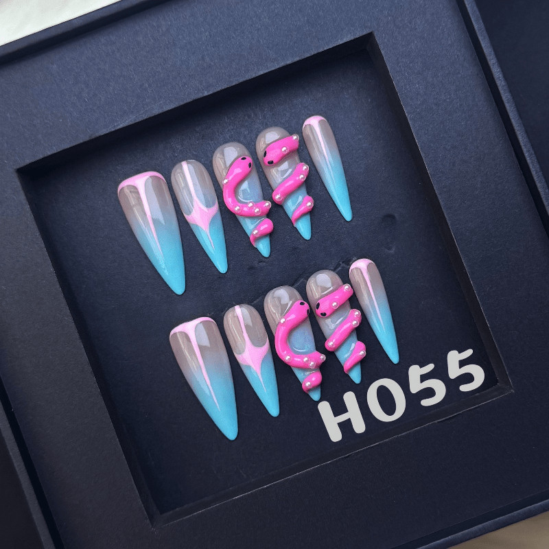 Pink Snake Handmade Press on Nails Blue Ombre Cool Trendy Edgy Fake Nails
