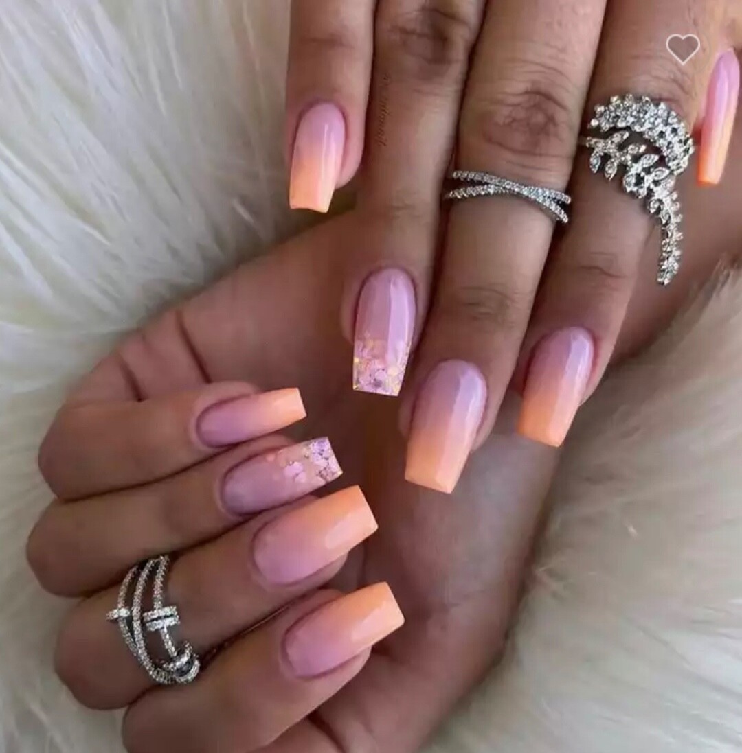 Press On Nails Short Length Full Cover Designer Nail Tips Peach Pink Glitter Tip