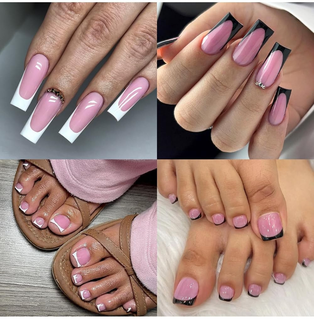 HWHUNO 4 Design French Toe Nail Tips Set,White Pink Black Press Medium, PINK